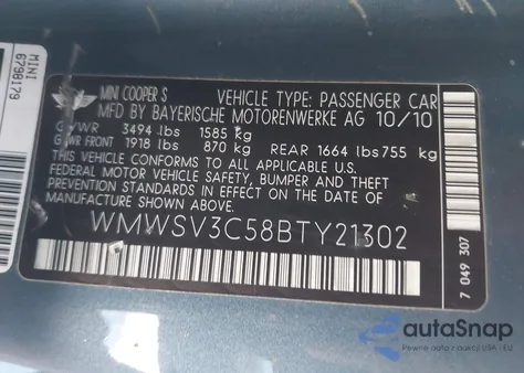 2011 Mini Cooper S from USA, damaged, VIN WMWSV3C58BTY21302